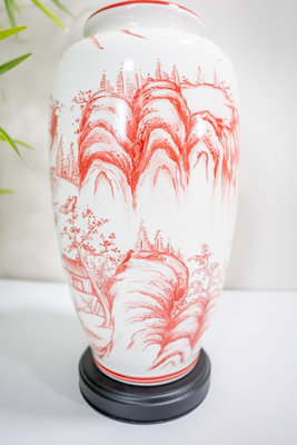 Red Oriental Ceramic Table Lamp with Pleated Shade
