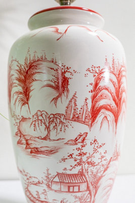 Red Oriental Ceramic Table Lamp with Pleated Shade