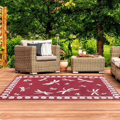 Red Outdoor Rug, Animal Bordered Stain-Resistant Rug For Patio Decks Garden Balcony, Modern Outdoor Area Rug-120cm (Circle)