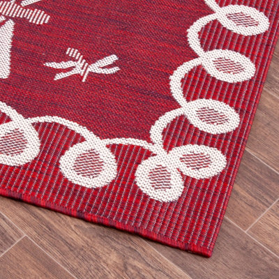 Red Outdoor Rug, Animal Bordered Stain-Resistant Rug For Patio Decks ...