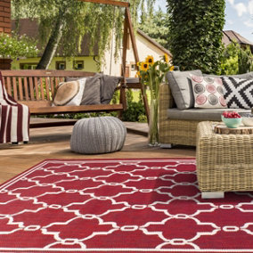 Red Outdoor Rug, Geometric Stain-Resistant Rug For Patio Decks Garden Balcony, Modern Outdoor Area Rug-120cm (Circle)