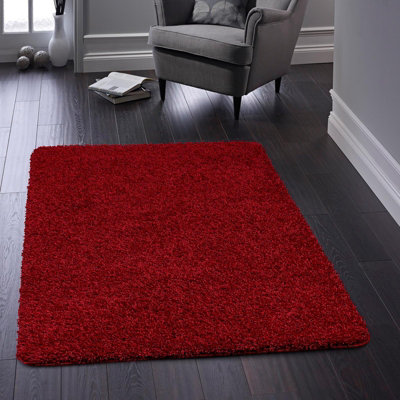 Red Plain , Anti-slip Shaggy Rug Easy to clean Dining Room-100cm X 100cm