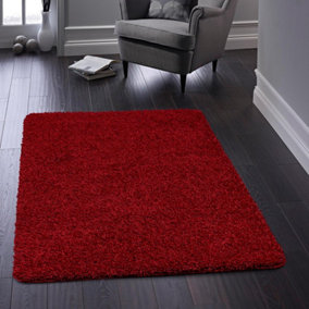 Red Plain , Anti-slip Shaggy Rug Easy to clean Dining Room-100cm X 100cm