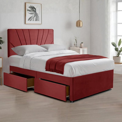 Red Plush Fabric Single Bed with 20 Inches Sunrise Headboard 2 Storage ...