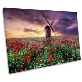Red Poppy Flowers by the Windmill CANVAS WALL ART Print Picture (H)30cm x (W)46cm