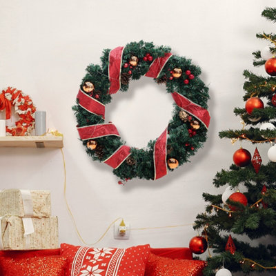 Red Ribbon Lighted Christmas Wreath Hanging Xmas Decor 50 cm | DIY at B&Q