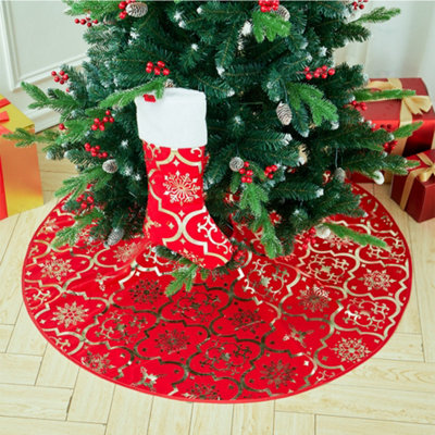 Red Round Snowflake Christmas Tree Base Skirt Xmas Ornament with Hanging Stocking Dia 120cm