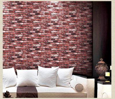 Red Rustic 3D Stone Brick Effect Wallpaper 10m