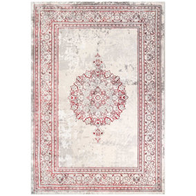 Red Silver Grey Traditional Medallion Bordered Living Area Rug 120x170cm