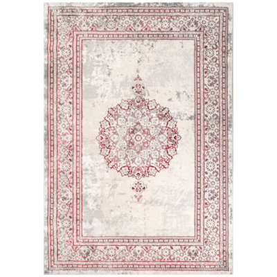 Red Silver Grey Traditional Medallion Bordered Living Area Rug 60x110cm