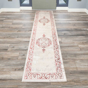 Red Silver Grey Traditional Medallion Bordered Living Runner Rug 70x240cm
