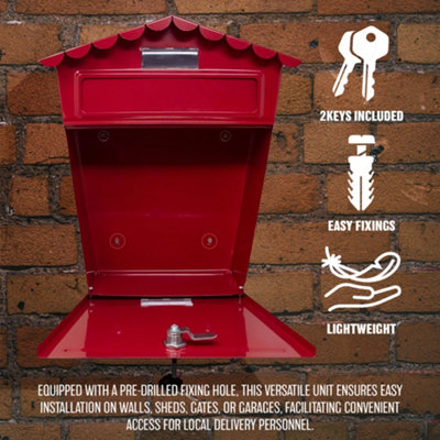 Red Steel Post Box Large Mailbox Wall Mounted Lockable Letter Mail With 2 Keys - 3