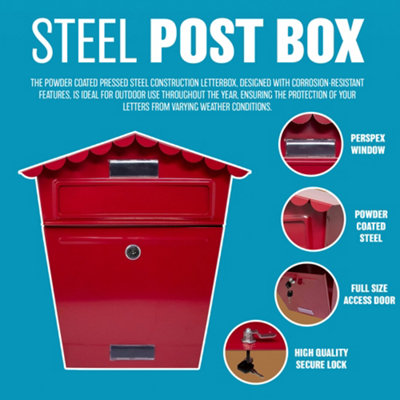 Red Steel Post Box Large Mailbox Wall Mounted Lockable Letter Mail With 2 Keys - 5