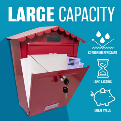 Red Steel Post Box Large Mailbox Wall Mounted Lockable Letter Mail With 2 Keys - 6
