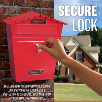 Red Steel Post Box Large Mailbox Wall Mounted Lockable Letter Mail With 2 Keys - 7
