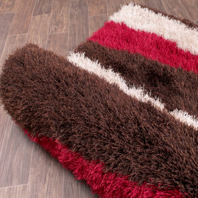 Red Striped Shaggy Handmade Shaggy Sparkle Striped Rug Easy to clean Living Room and Bedroom-120cm X 170cm