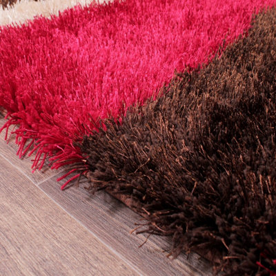 Red Striped Shaggy Handmade Shaggy Sparkle Striped Rug Easy to clean Living Room and Bedroom-60cm X 110cm