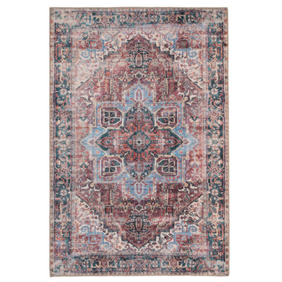 Red Teal Blue Floral Medallion Anti Slip Washable Rug 120x170cm