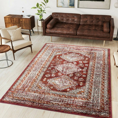 Red Terracotta Bordered Traditional Medallion Living Room Rug 120x170cm