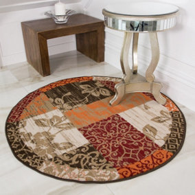 Red Terracotta Brown Floral Patchwork Living Room Round Circular Mat 120x120cm
