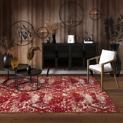 Red Terracotta Distressed Aztec Living Room Rug 160x230cm