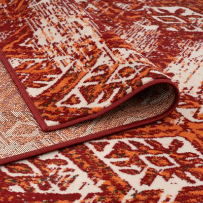 Red Terracotta Distressed Aztec Living Room Rug 160x230cm