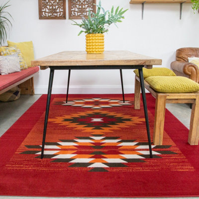 Red Terracotta Tribal Geometric Living Room Rug 80x150cm