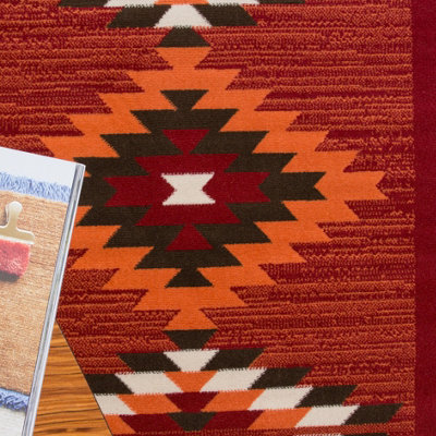 Red Terracotta Tribal Geometric Living Room Runner Rug 60x240cm