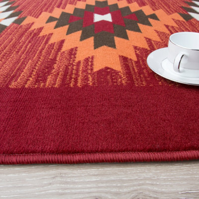 Red Terracotta Tribal Geometric Living Room Runner Rug 60x240cm