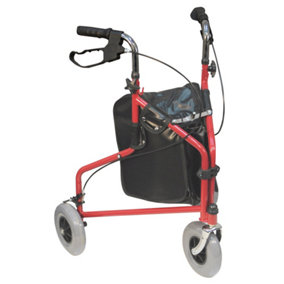 Red Three Wheeled Steel Walker - Puncture Proof Tyres - 115kg Weight Limit