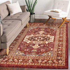 Red Traditional Bordered Floral Persian Easy To Clean Polyester Dining Room Bedroom & Living Room Rug-120cm X 170cm