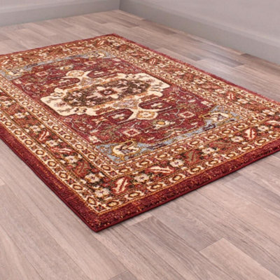 Red Traditional Bordered Floral Persian Easy To Clean Polyester Dining Room Bedroom & Living Room Rug-120cm X 170cm