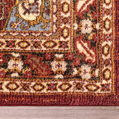 Red Traditional Bordered Floral Persian Easy To Clean Polyester Dining Room Bedroom & Living Room Rug-120cm X 170cm