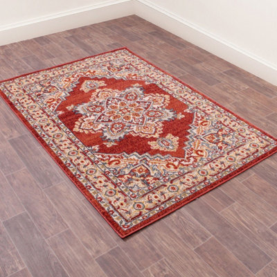 Red Traditional Bordered Floral Persian Rug for Dining Room-66 X 240cm (Runner)