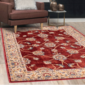 Red Traditional Bordered Floral Rug Easy to clean Dining Room-160cm X 225cm