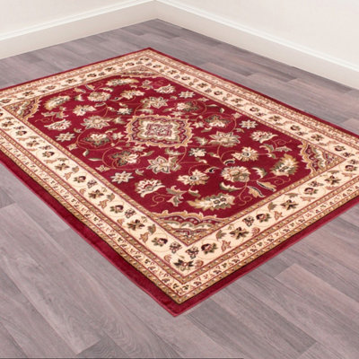 Red Traditional Bordered Floral Rug for Living Room Bedroom and Dining ...