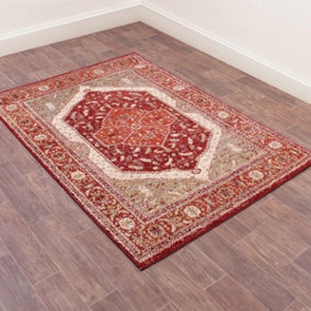 Red Traditional Bordered Geometric Persian Rug Easy to clean Dining Room-66 X 240cm (Runner)