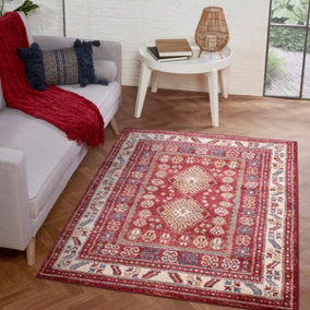 Red Traditional Bordered Persian Geometric Rug Easy to clean Dining Room-120cm X 170cm