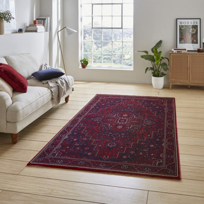 Red Traditional Bordered Stain-Resistant Rug for Bedroom, & Dining Room, Easy to Clean Bordered Area Rug-160cm X 230cm