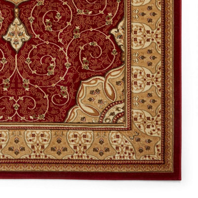 Red Traditional Easy to Clean Bordered Floral Rug For Dining Room-200cm ...