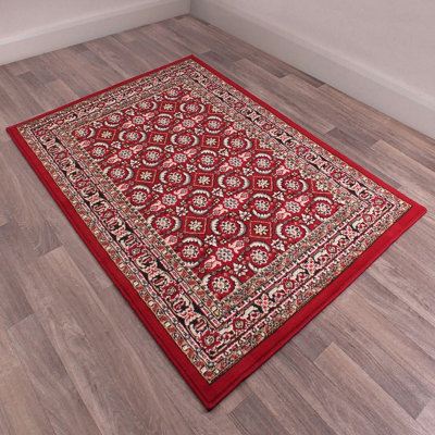 Red Traditional Floral Bordered Rug Easy to clean Dining Room-120cm X 120cm