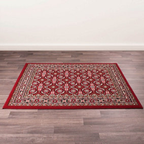 Red Traditional Floral Bordered Rug Easy to clean Dining Room-120cm X 160cm