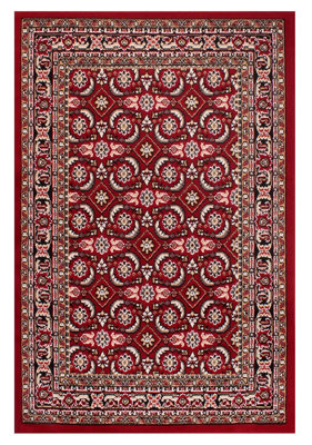 Red Traditional Floral Bordered Rug Easy to clean Dining Room-120cm X 160cm