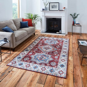 Red Traditional Persian Easy to Clean Bordered Geometric Rug For Dining Room Bedroom And Living Room-120cm X 170cm