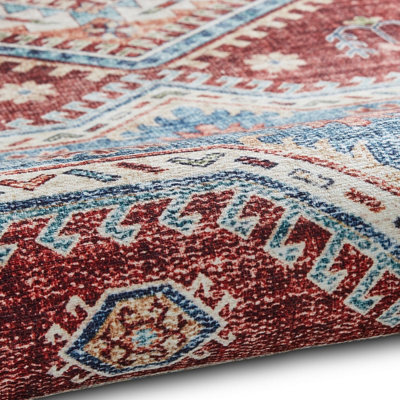 Red Traditional Persian Easy to Clean Bordered Geometric Rug For Dining Room Bedroom And Living Room-150cm X 230cm