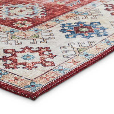 Red Traditional Persian Easy to Clean Bordered Geometric Rug For Dining Room Bedroom And Living Room-150cm X 230cm - 6