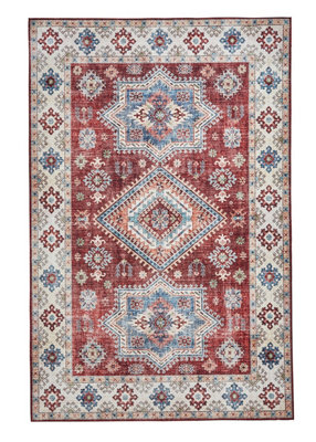 Red Traditional Persian Easy to Clean Bordered Geometric Rug For Dining Room Bedroom And Living Room-150cm X 230cm - 7