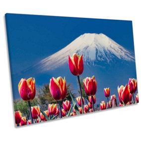 Red Tulips Flowers Mount Fuji CANVAS WALL ART Print Picture (H)81cm x (W)122cm
