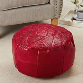 Red Tunisian Leather Round Pouffe Footrest - Hand Crafted Artisan Leather Beanbag Footstool Seat - Measures H25.5 x W47cm
