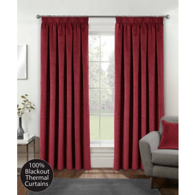 Red Velvet, Supersoft, 100% Blackout, Thermal Pair of Curtains with Tape Top - 66 x 72 inch (168x183cm)